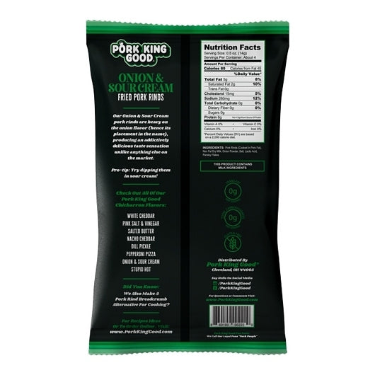 Pork King Good Onion & Sour Cream Pork Rinds Single Serve Bag, 12 x 1.75 oz Case - Meat Snacks