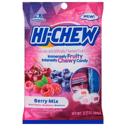 Hi-Chew Black Cherry, Raspberry, and Blueberry Peg Bag Display Ready, 6 x 3.17 oz Case - Candy & Confections