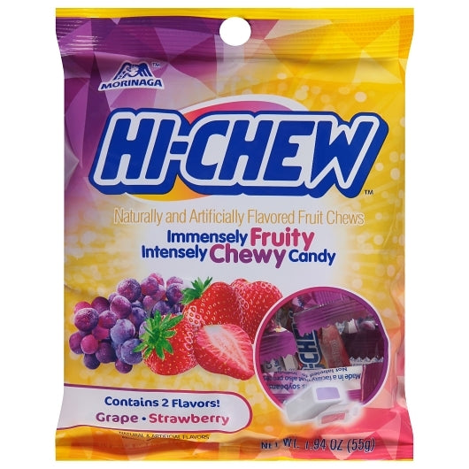 Hi-Chew Grape and Strawberry Display Candy Peg Bag, 8 x 1.94 oz Case - Candy & Confections
