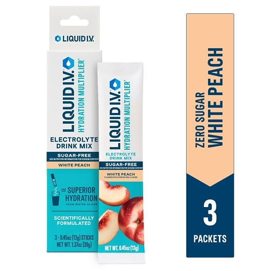Liquid I.V. Sugar Free White Peach Hydration Multiplier Electrolyte Drink Mix 3 Count, 8 x 6 x 1.37 oz Case - Pantry
