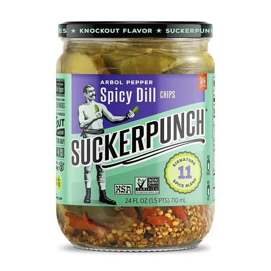Suckerpunch Gourmet Arbol Pepper Spicy Dill Pickle Chips Jar, 6 x 24 fl oz Case - Condiments & Sauces