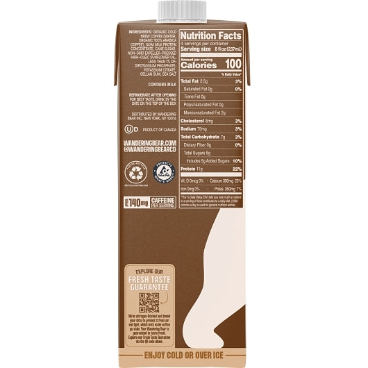 Wandering Bear High Protein Cold Brew Latte, 6 x 32 fl oz Case - Coffee & Tea