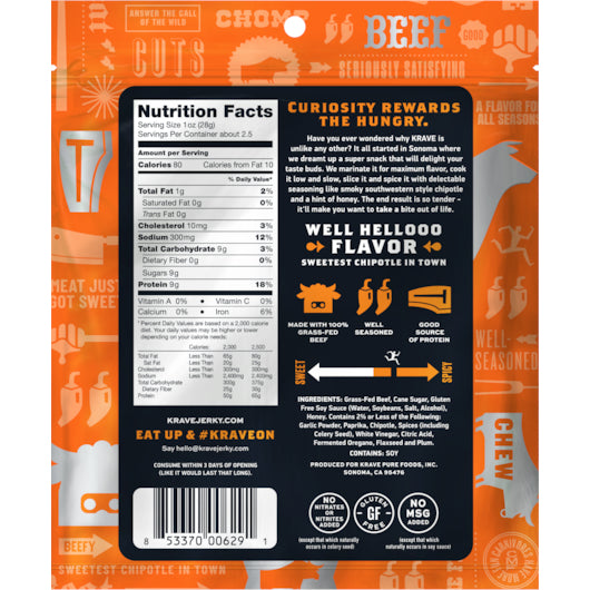 Krave Gourmet Sweet Chipotle Beef Cuts, 8 x 2.7 oz Case - Alternate product angle or state