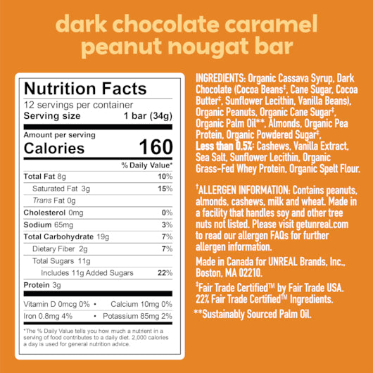 Unreal Brands Dark Chocolate Caramel Peanut Nougat Bars, 6 x 12 x 0.074 lb Case - Candy & Confections
