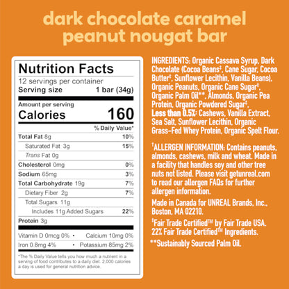 Unreal Brands Dark Chocolate Caramel Peanut Nougat Bars, 6 x 12 x 0.074 lb Case - Candy & Confections