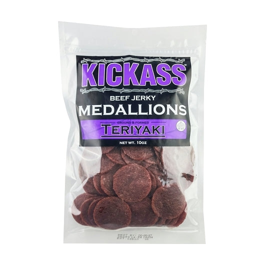 Kickass Beef Jerky Teriyaki Flavored Beef Jerky Medallions, 8 x 10 oz Case - Meat Snacks