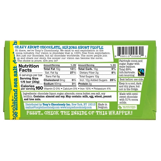 Tony's Chocolonely 51% Dark Chocolate Bar With Almonds & Sea Salt, 15 x 6.35 oz Case - Candy & Confections