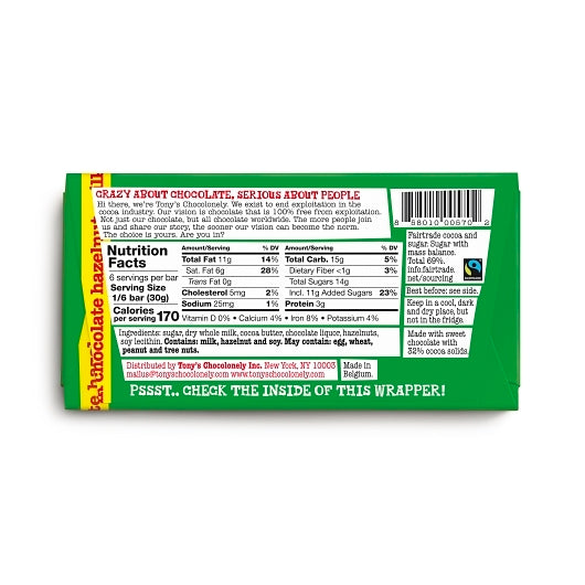 Tony's Chocolonely 32% Milk Hazelnut Bar, 15 x 6.35 oz Case - Candy & Confections