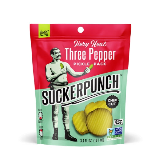 Suckerpunch Gourmet 3 Pepper Fire Pickle Chips Single Serve Pouches, 12 x 3.4 fl oz Case - Condiments & Sauces