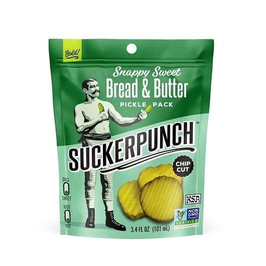 Suckerpunch Gourmet Bread & Butter Pickle Chips Single Serve Pouches, 12 x 3.4 fl oz Case - Condiments & Sauces
