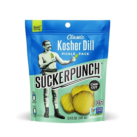 Suckerpunch Gourmet Classic Dill Pickle Chips Single Serve Pouches, 12 x 3.4 fl oz Case - Condiments & Sauces