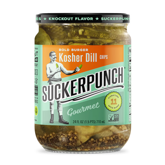 Suckerpunch Gourmet Bold Burger Kosher Dill Pickle Chips Jar, 6 x 24 fl oz Case - Condiments & Sauces