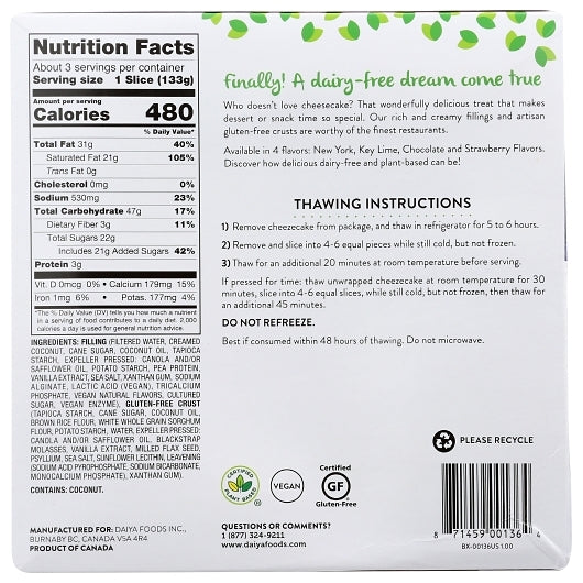 Daiya Vegan Dairy-Free; Gluten -Free; Soy-Free New York Style Cheesecake, 8 x 14.1 oz Case - DOT product image 3