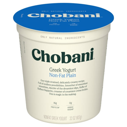 Chobani Non Fat Plain Greek Yogurt, 6 x 32 oz Case - Cheese & Dairy