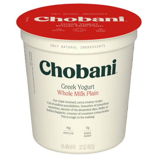 Chobani Whole Fat Plain Greek Yogurt, 6 x 32 oz Case - Cheese & Dairy