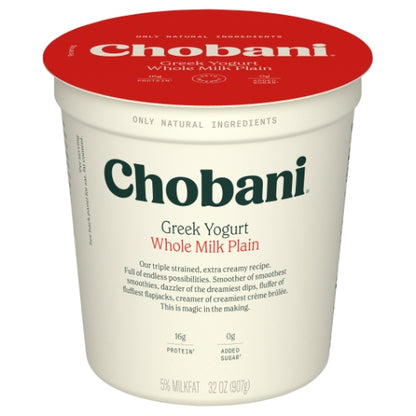 Chobani Whole Fat Plain Greek Yogurt, 6 x 32 oz Case - Cheese & Dairy