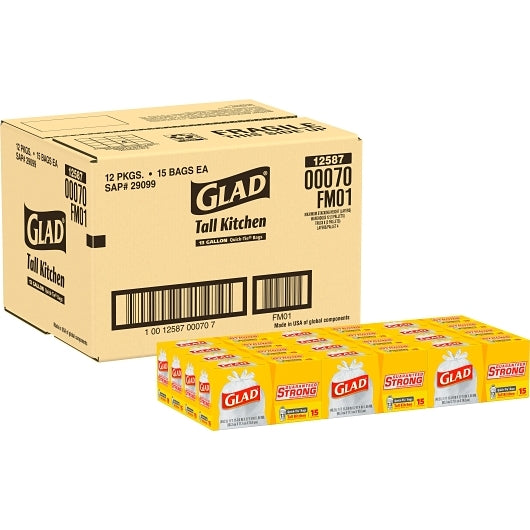Glad Tall Quick Tie 13 Gallon Trash Bags, 12 x 15 ct Case - DOT product image 7