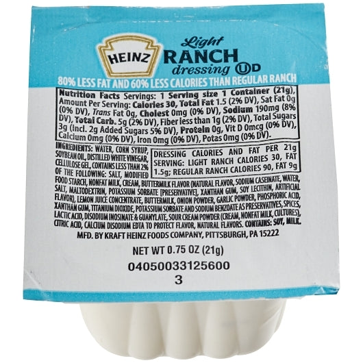 Heinz Ranch Light Dressing Single Serve, 100 x 0.7 oz Case - Condiments & Sauces
