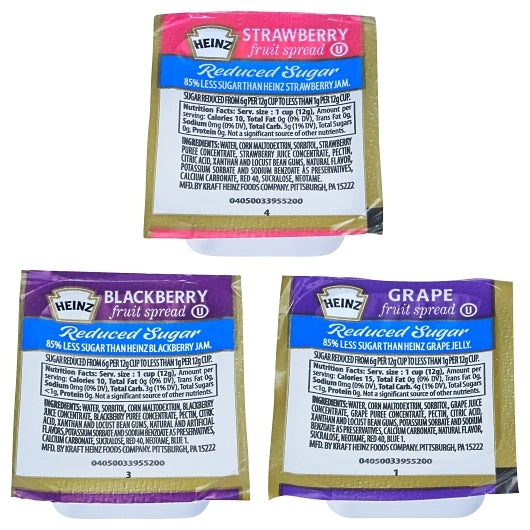 Heinz Single Serve Assorted Reduced Sugar Jelly, 12 Gram Cup - 80 Grape, 80 Strawberry, 200 x 0.5 oz Case - Condiments &
