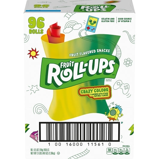 Fruit Roll Crazy Individually Wrapped Crazy Colors Fruit Snacks, 96 x 0.5 oz Case - Snacks