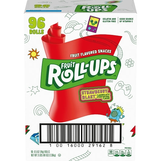 Fruit Roll-Ups Reduced Sugar Strawberry, 96 x 0.5 oz Case - Snacks