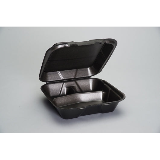 Genpak 9.25 Inch X 9.25 Inch X 3 Inch Black Large 3 Compartment Snap It Foam Hinged Dinner Container, 2 x 100 x 100 each - DOT product image 2