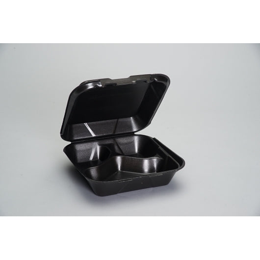 Snap-It Foam Hinged Carryout Container, 3-Compartment, Black, 8-1/4x8x3, 100/Bag - DOT product image 1
