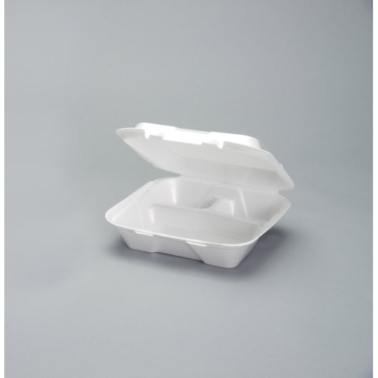 Genpak 9.25 Inch X 9.25 Inch X 3 Inch White Large 3 Compartment Snap It Foam Hinged Dinner Container, 2 x 100 x 100 each