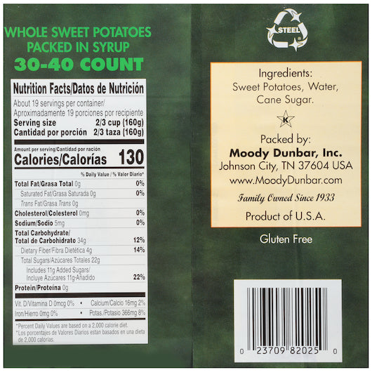 Dunbars Potato Sweet Whole 30-40 Count Insets, 6 x 1 each Case - Fruit & Sides