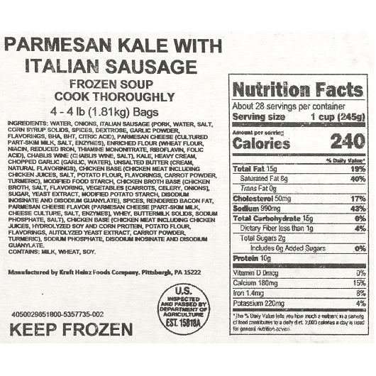 Chef Francisco Parmesan Kale With Italian Sausage Soup, 4 x 4 lb Case - DOT product image 8