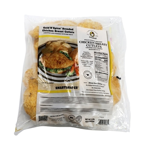 Brakebush Smartshapes Gold'N'Spice Fully Cooked Breaded Breast Cutlets 3.7 Oz., 2 x 5 lb Case - Frozen Meat & Seafood