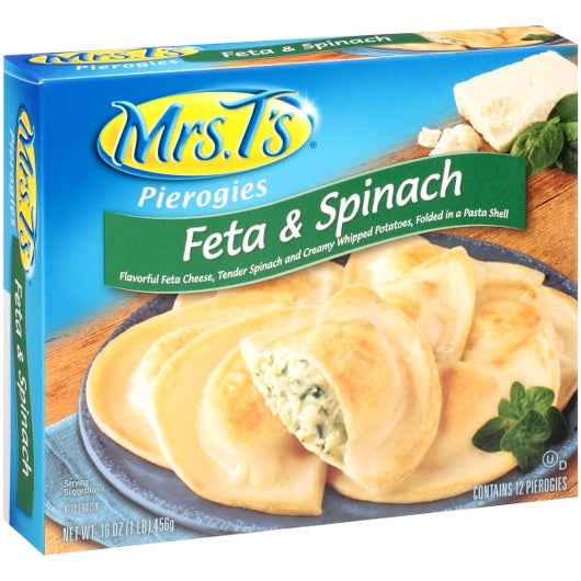 Mrs. T's Feta & Spinach Pierogies, 12 x 16 oz Case - Frozen Snacks & Appetizers