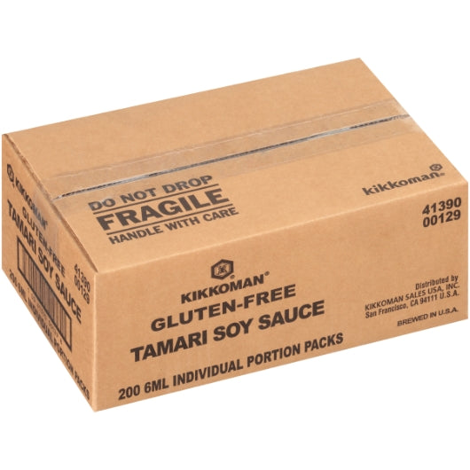Kikkoman Non-Gmo Preservative Free Gluten Free Tamari Soy Sauce Single Serve, 200 x 6 ML Case - GS1 closed shipping case image