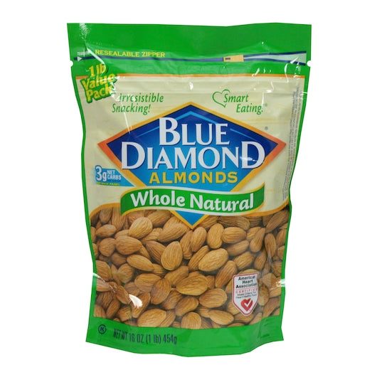 Blue Diamond Almonds Whole Natural, 6 x 16 oz Case - Nuts & Seeds