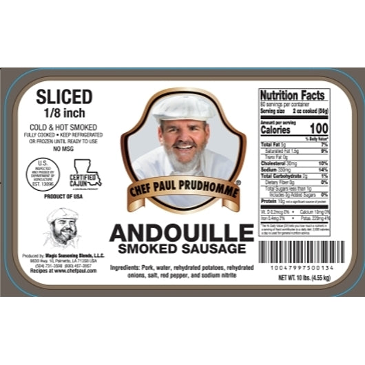Magic Seasoning Blends Regular Andouille Sliced Sausage 1/8 Inch, 1 x 10 lb Case - Spices Seasonings