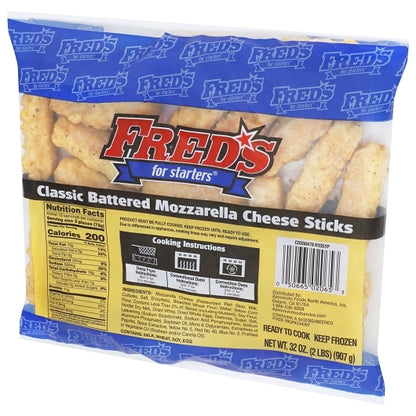 Fred's 3/4 Inch Battered Classic Mozzarella Cheese Sticks, 6 x 2 lb Case - Frozen Snacks & Appetizers