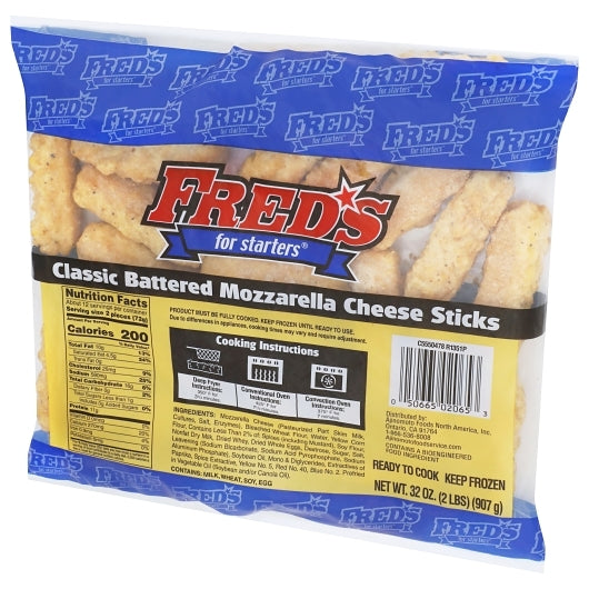 Fred's 3/4 Inch Battered Classic Mozzarella Cheese Sticks, 6 x 2 lb Case - Frozen Snacks & Appetizers