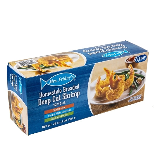 Mrs. Fridays Home Homestyle Breaded Deep Cut 12-15 Ct Shrimp, 4 x 3 lb Case - Frozen Meat & Seafood