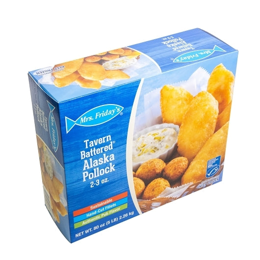Mrs. Friday's 2-3 Oz Tavern Battered Pollock Fillets, 4 x 5 lb Case - Frozen Meat & Seafood