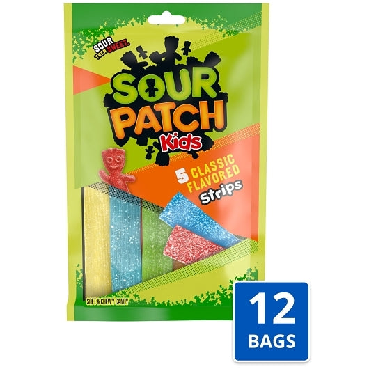 Sour Patch Kids Sour Gummy Candy Strips Peg Bag, 12 x 3.5 oz Case - Candy & Confections