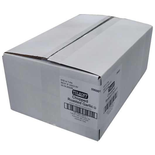 Tulkoff Chopped Roasted Garlic in Water, 6 x 32 oz Case - GS1 closed shipping case image