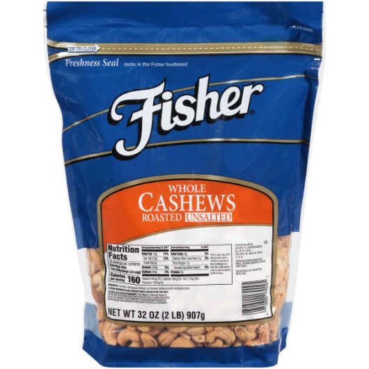 Fisher Roasted Whole Cashews No Salt, 3 x 32 oz Case - Nuts & Seeds