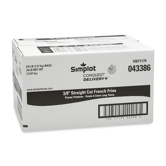 Simplot Conquest Delivery+ 3/8" French Fries, 6 x 5 lb Case - GS1 closed shipping case image