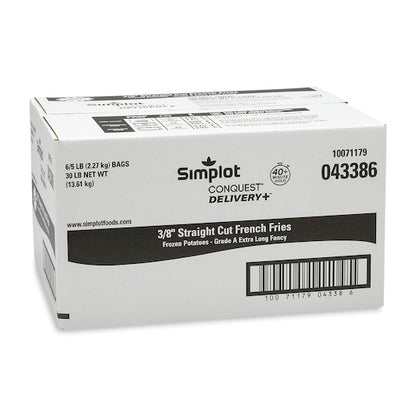 Simplot Conquest Delivery+ 3/8" French Fries, 6 x 5 lb Case - GS1 closed shipping case image