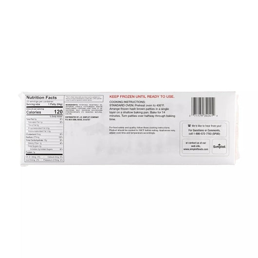 Simplot Hash Brown Patties, 12 x 2.817 lb Case - Frozen Potatoes Sides