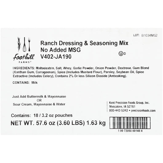 Foothill Farms Gluten Free No Msg Low Sodium Ranch Mix Dressing Mix, 18 x 3.2 oz Case - DOT product image 6