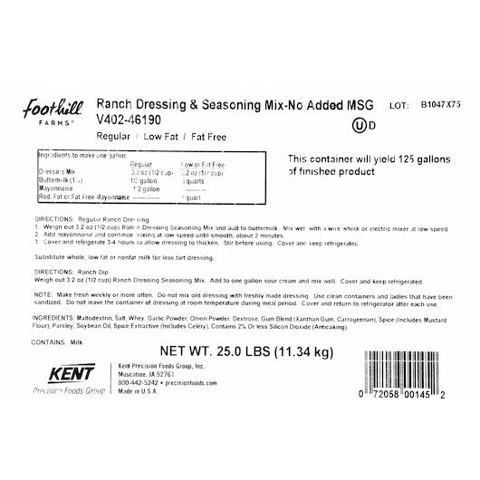 Foothill Farms Gluten Free No Msg Low Sodium Ranch Mix Dressing Bulk, 1 x 25 lb Case - DOT product image 5