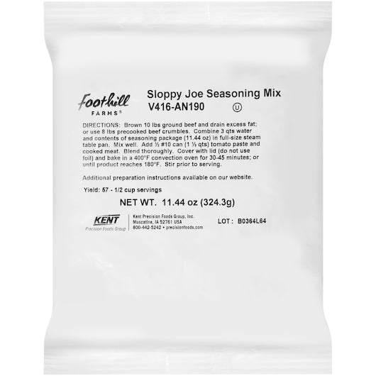 Foothill Farms 45% Sodium Reduction No Msg Shelf Stable Gluten Free Sloppy Joe Seasoning Mix, 6 x 11.44 oz Case - Spices