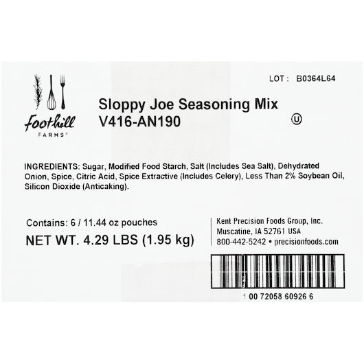 Foothill Farms 45% Sodium Reduction No Msg Shelf Stable Gluten Free Sloppy Joe Seasoning Mix, 6 x 11.44 oz Case - DOT product image 4