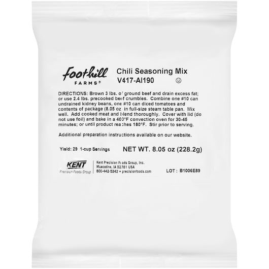 Foothill Farms Reduced Sodium No Msg Add Water Chili Seasoning Mix, 6 x 8.05 oz Case - Spices Seasonings